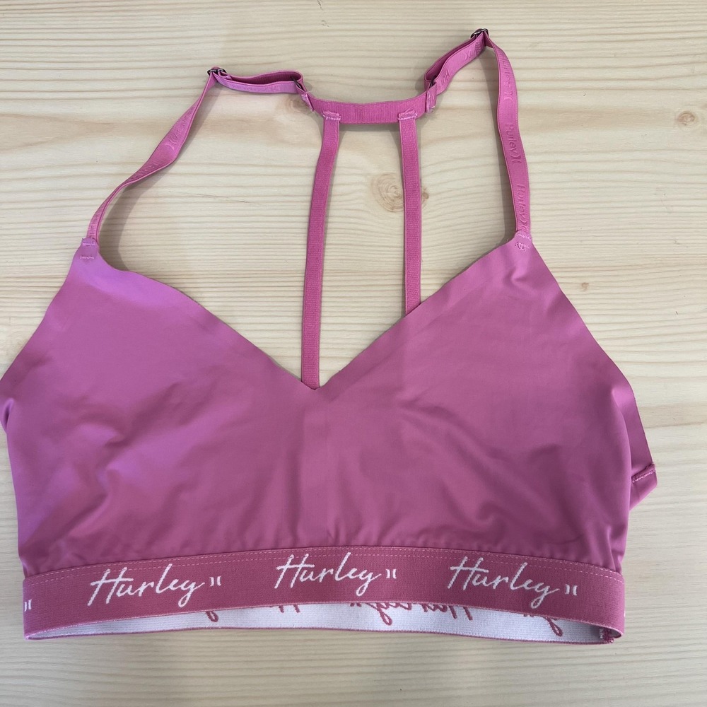 Hurley Sports Bra Womens Medium Pink Strappy Racerback Adjustable Logo Band